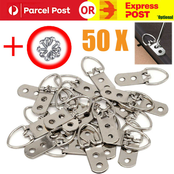 50 Sets Heavy Duty D-Ring Painting Picture Frame Hanger Hanging Hooks + Screw