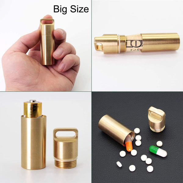 Pill Box Case Bottle Brass Container Waterproof Keyring Medicine Capsule Holder