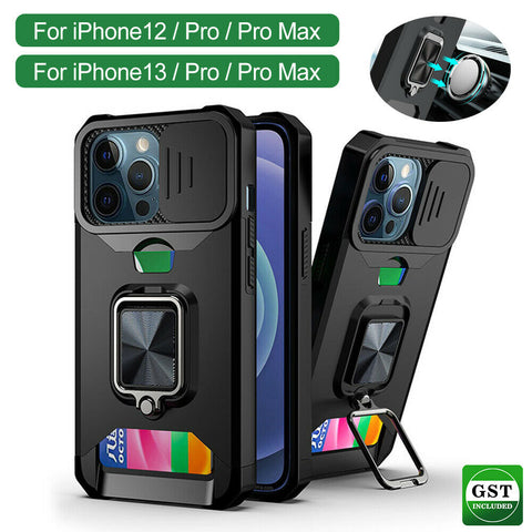 For iPhone 12/13 Pro Max Armor Stand Case with Slide Camera Cover Card Slot AU