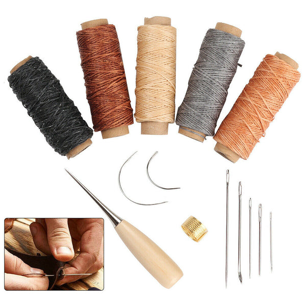 14pcs Leather Craft Punch Stitching Carving Sewing Tool Thread Awl Thimble kit