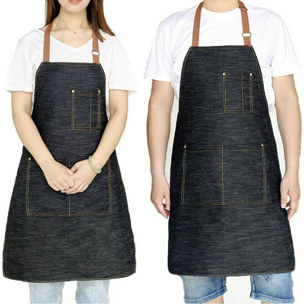 Denim Adjustable Pocket Bib Baking Cooking Oil Resistant Kitchen Bar Chefs Apron