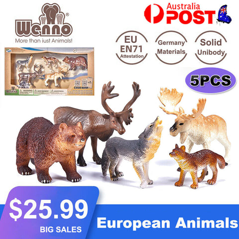 WENNO 5PCS Kids Plastic Figures European Animals Fox Deer Wolf Bear Toys Gifts