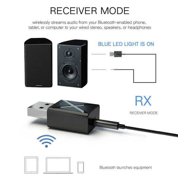 USB Bluetooth 5.0 Transmitter Receiver Stereo Audio Adapter AUX 3.5mm TV CAR PC