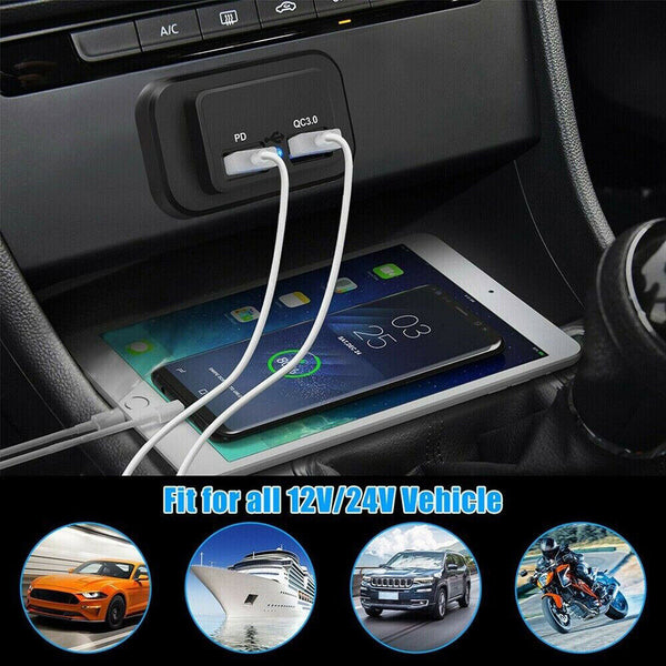 12/24V PD+QC3.0 Dual USB Port Car RV Fast Charger Socket Power Outlet Waterproof