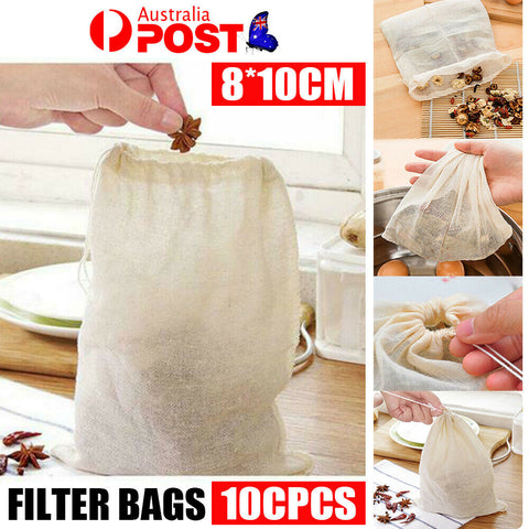 10pcs Reusable Cotton Mesh Filter Bags Spices Herbs Fruit Juice Soup Drawstring