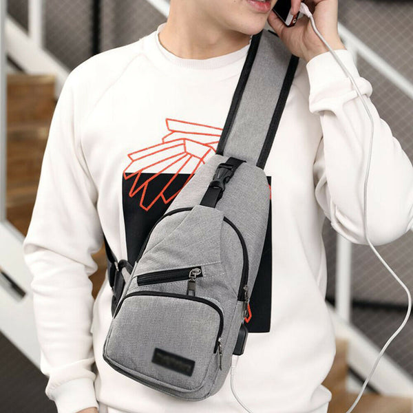 Mens Sling Chest Pack Shoulder Bag USB Charging Port Sports Crossbody Handbag