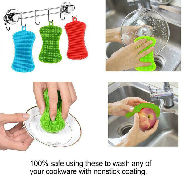 1~4PCS Home Kitchen Silicone Scrubber Sponge Brush Dish Pot Pan Washing Cleaning