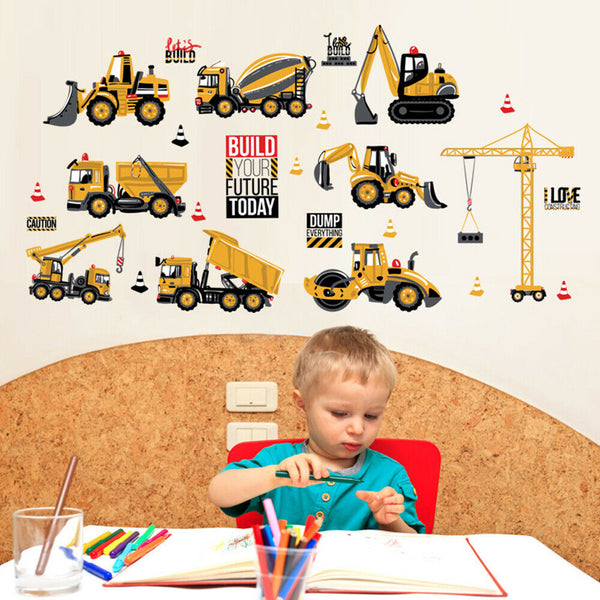 Removable Stickers Kids Boys Construction Vehicles Builders Wall Decor DIY AU