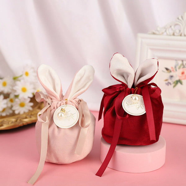 1-10pc Easter Rabbit Bunny Ears Velvet Candy Bag Bowknot Jewelry Pouch Gift Bags