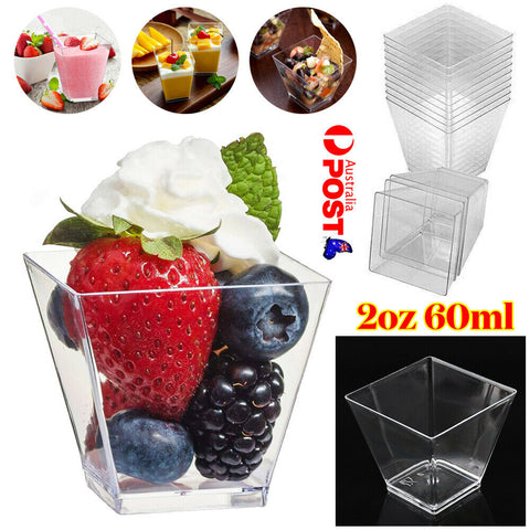 50x Clear Party Tableware Starter Dessert Cup Plastic Cube Sauce Square Mini 2oz