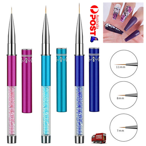 3Pcs Nail Art Liner Brush Pen Rhinestone Handle Salon Using Nylon Hair Brushes