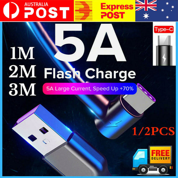 1/2PCS 5A 1/2/3M Type C Fast Charging Cable 90 Degree USB C Cable for Samsung