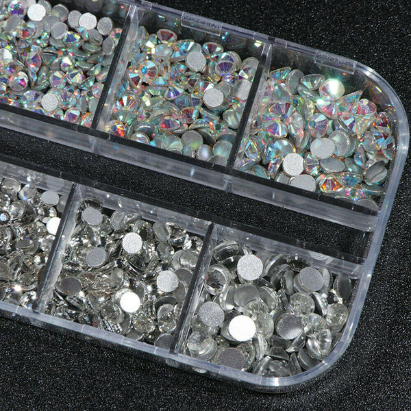 Flat Back Box Crystal Nail Art Decor AB Nails Rhinestones Diamond Beads 12 Grids