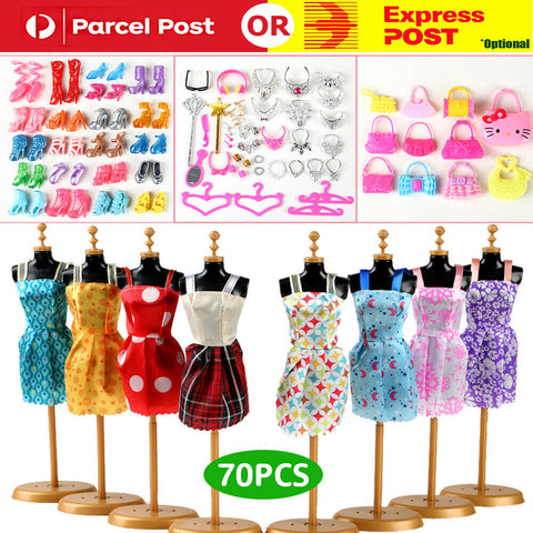 70pcs Items For Barbie Doll Jewellery Clothes Set Accessories Dresses Shoes