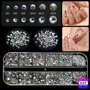 Flat Back Box Crystal Nail Art Decor AB Nails Rhinestones Diamond Beads 12 Grids