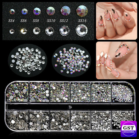 Flat Back Box Crystal Nail Art Decor AB Nails Rhinestones Diamond Beads 12 Grids