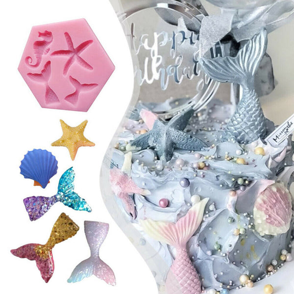 Silicone Cake Mold Mermaid Tail Starfish Fondant Chocolate Baking DIY Soap Mould