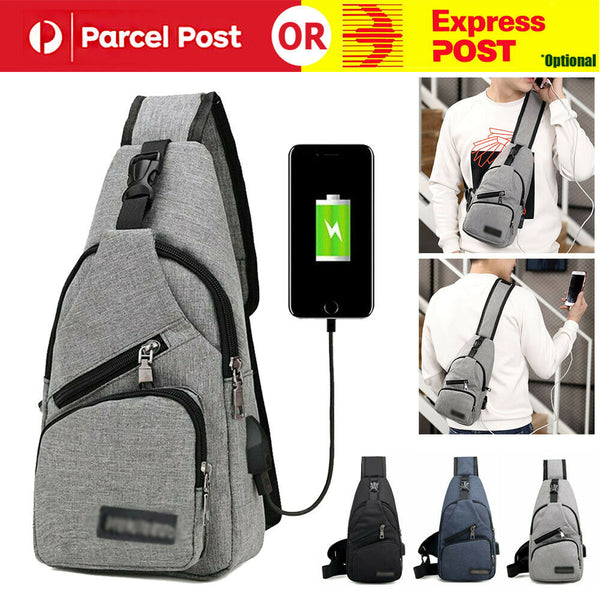 Mens Sling Chest Pack Shoulder Bag USB Charging Port Sports Crossbody Handbag