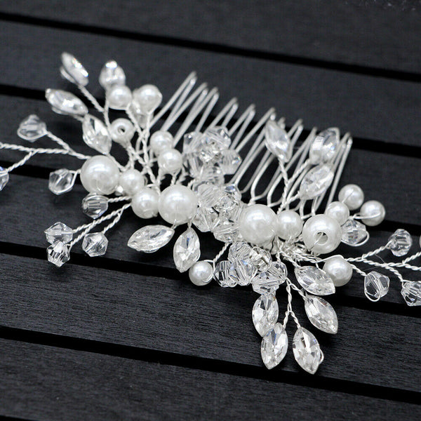 Women Crystal Pearl Headband Bridal Vine Headpiece Hair Wedding Headdress Comb