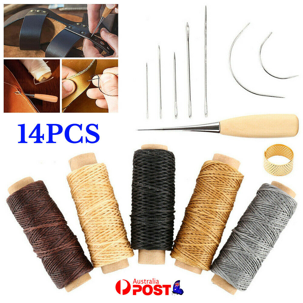 14pcs Leather Craft Punch Stitching Carving Sewing Tool Thread Awl Thimble kit