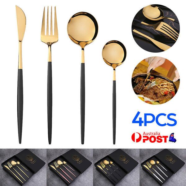 4Pcs Kitchen Cutlery Set Stainless Steel Gold Knife Fork Spoon Cutlery Set Gift