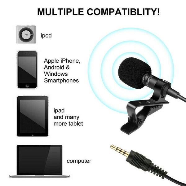 Clip-on Mic Microphone 3.5mm Lapel Lavalier for iPhone & Android Smartphones PC