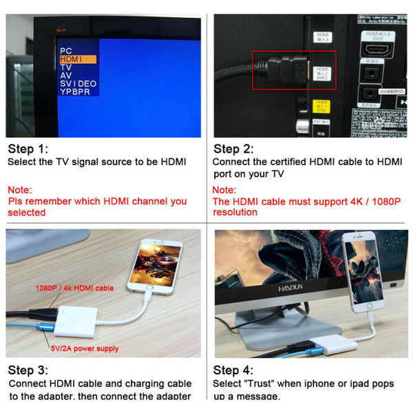 For iPhone 5 6 7 8 X XS XR XSMax 8 Pin To HDMI Digital Adapter Converter Cable