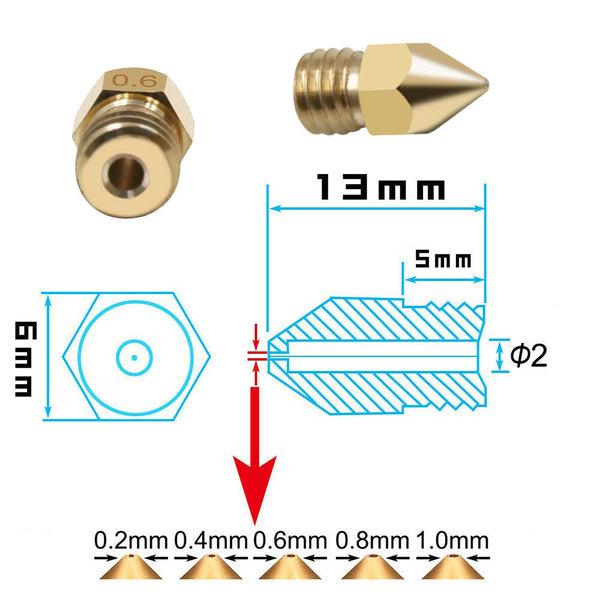 5PCS 3D Printer 1.75mm MK8 Extruder Nozzle Head For Ender 3 Pro CR10 0.2-1.0mm