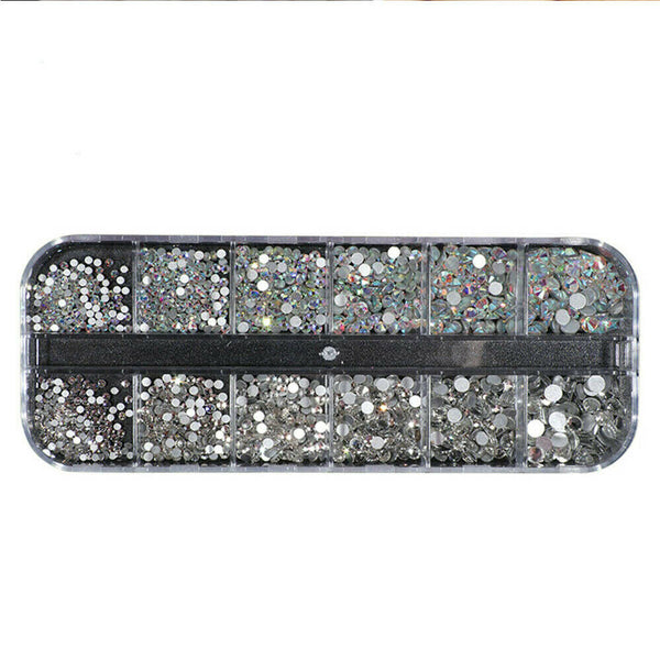 Flat Back Box Crystal Nail Art Decor AB Nails Rhinestones Diamond Beads 12 Grids