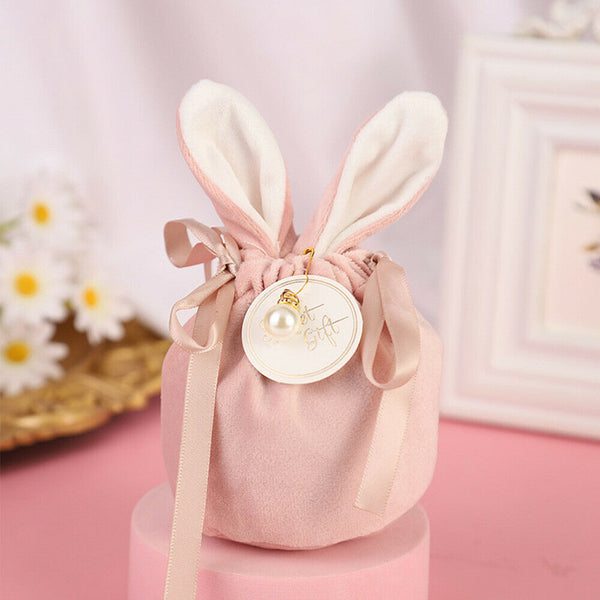 1-10pc Easter Rabbit Bunny Ears Velvet Candy Bag Bowknot Jewelry Pouch Gift Bags