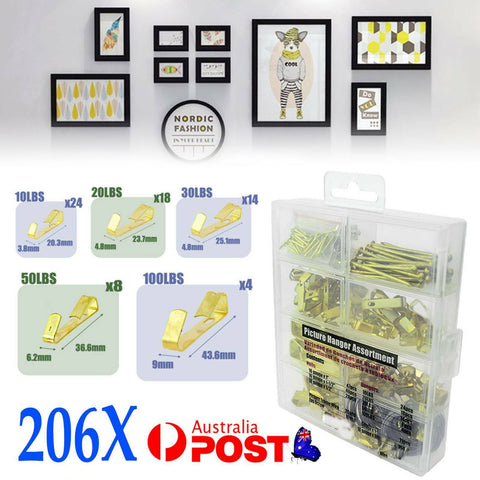 206 Picture Hanging Kit Mirror Photo Frame Hooks Brass Nail Wire Set Wall AU