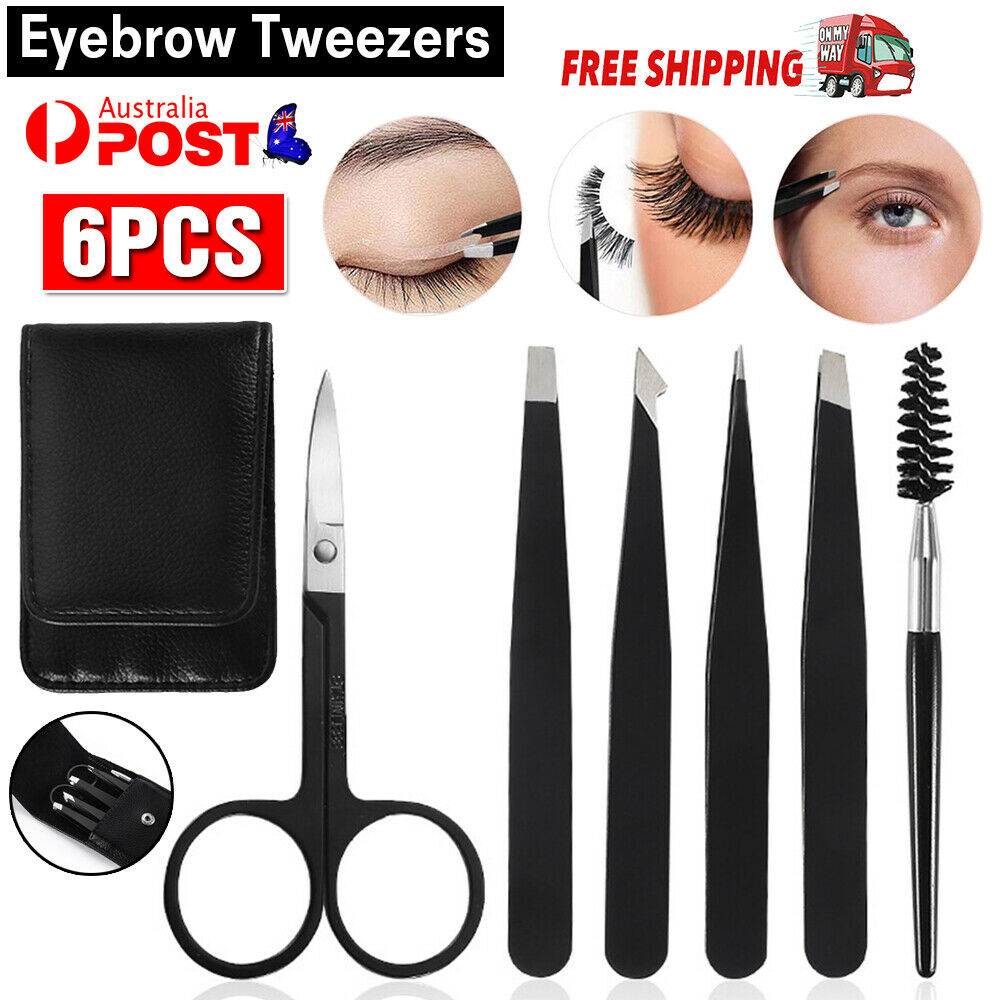 6Pc Professional Eyebrow Tweezer Set Plucker Puller Slanted Pointed Tip Manicure