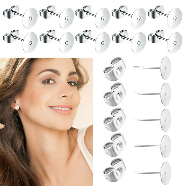 200/400PCS Earring Stud Posts Pads Nut Backs Silvery Surgical Steel DIY Craft