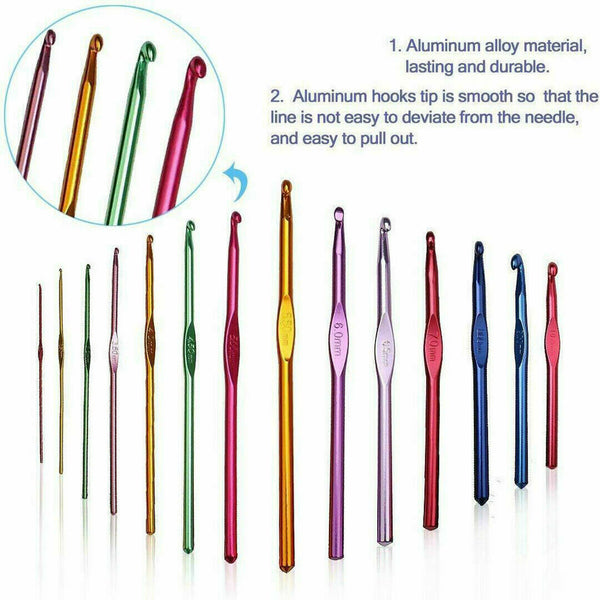 14Pcs 2~10mm Crochet Hook Metal Grip Set Handles Knitting Needles Multi-Colour