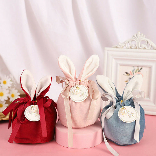 1-10pc Easter Rabbit Bunny Ears Velvet Candy Bag Bowknot Jewelry Pouch Gift Bags