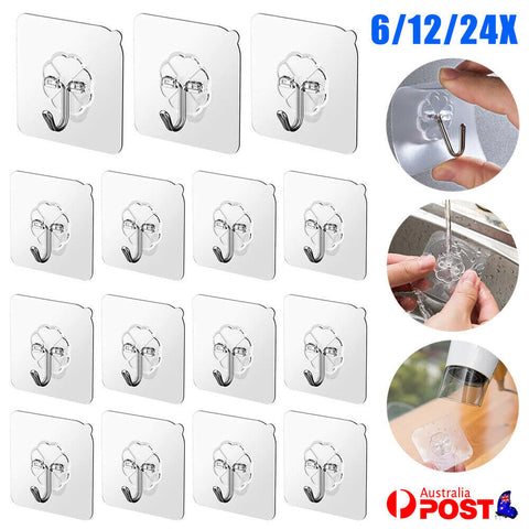 6/12/24X Clear Seamless Adhesive Hook Strong Stick Wall Hook Load Kitchen Hanger