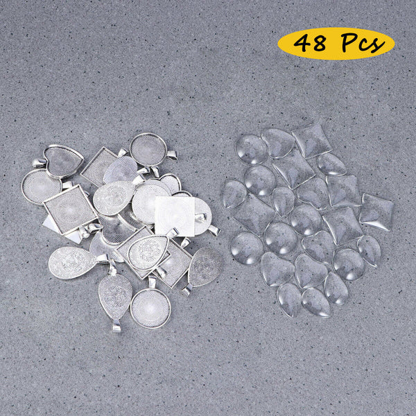 48Pcs Alloy & Glass Pendants DIY Cabochon Blank Bezel Base Tray Gemstone Patches