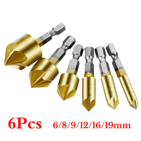 6Pcs Chamfer Countersink Deburring Drill Bit Crosshole Cutting Metal Tools AU