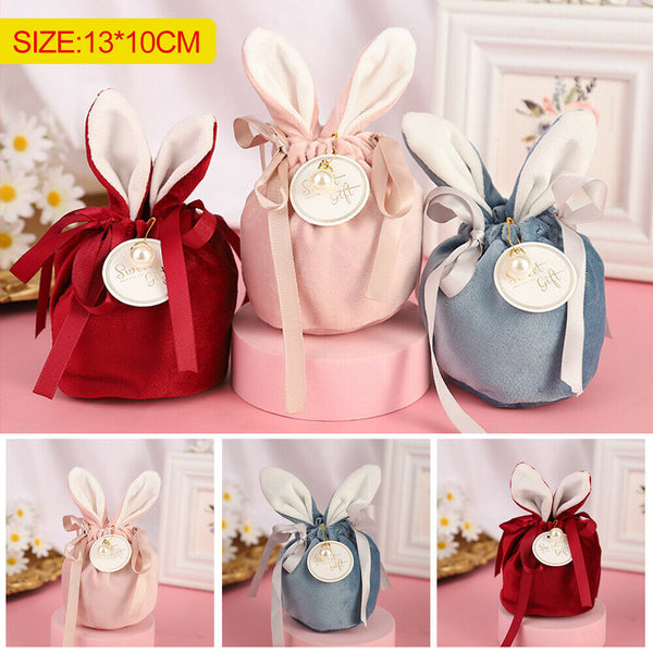 1-10pc Easter Rabbit Bunny Ears Velvet Candy Bag Bowknot Jewelry Pouch Gift Bags