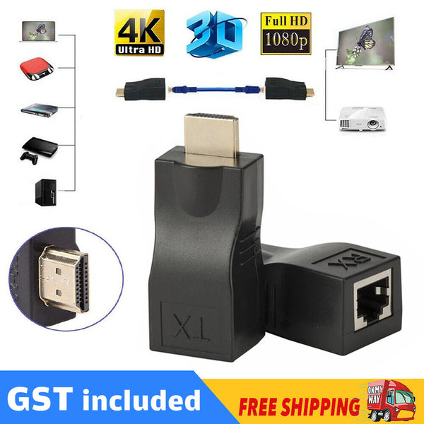 2x 30M HDMI Extender to Dual RJ45 Over Cat 5e/6 Network Ethernet Adapter 1080P