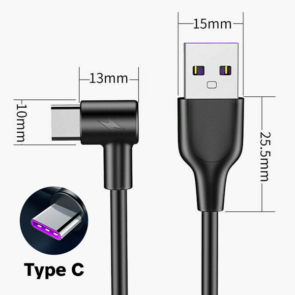 1/2PCS 5A 1/2/3M Type C Fast Charging Cable 90 Degree USB C Cable for Samsung