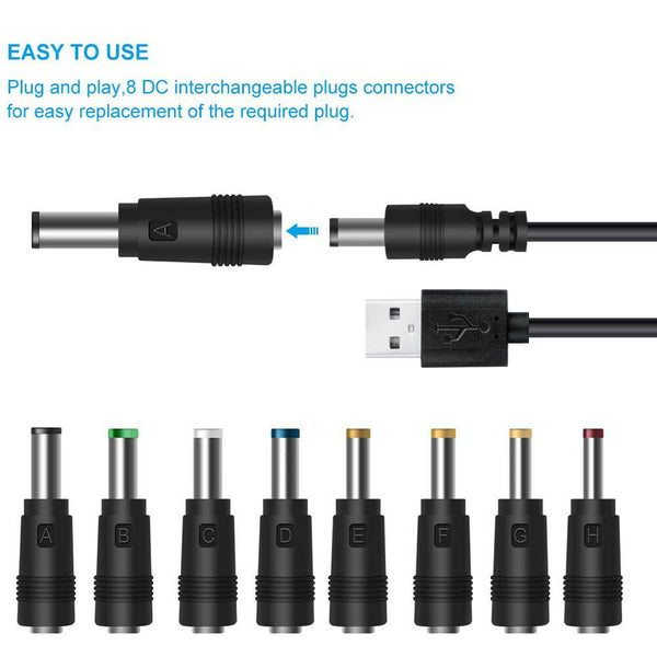 Universal Power Cable USB to DC 5.5 * 2.1mm Jack 5V Charging Cord 8 in 1 AU