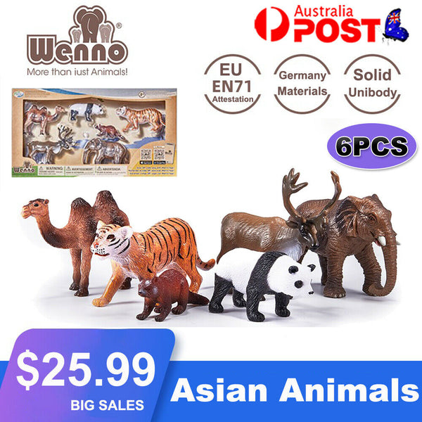 WENNO 6PCS Kids Plastic Figures Asian Animals Panda Tiger Elephant Camel Toys