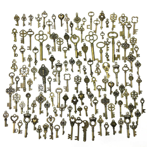 125Pcs Bronze Keys Vintage Royal Antique Old Look Skeleton Heart Bow DIY Pendant