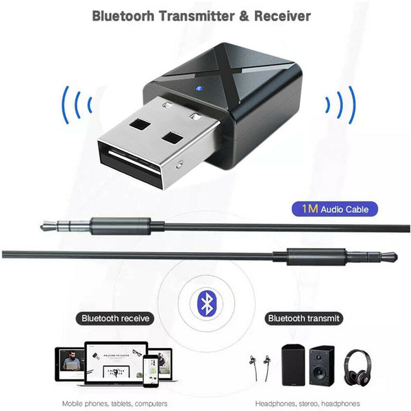 USB Bluetooth 5.0 Transmitter Receiver Stereo Audio Adapter AUX 3.5mm TV CAR PC