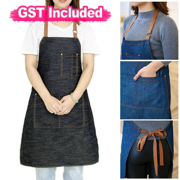 Denim Adjustable Pocket Bib Baking Cooking Oil Resistant Kitchen Bar Chefs Apron