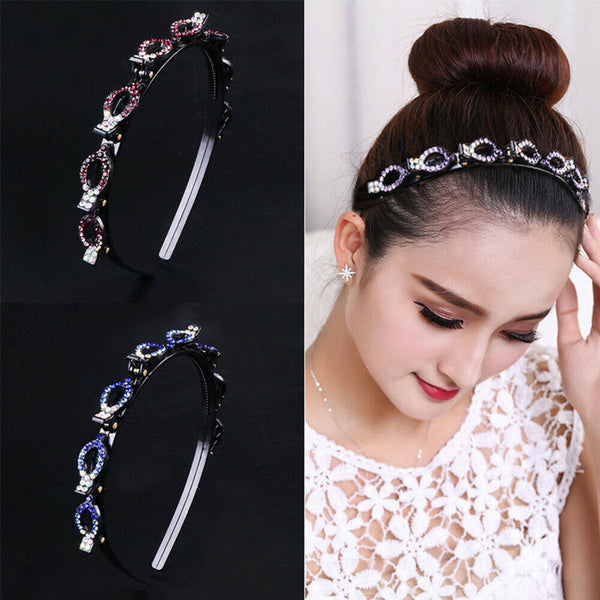 Woven Headband Rhinestone Clip Bangs Double Headband Hollow Braided Hairband AU