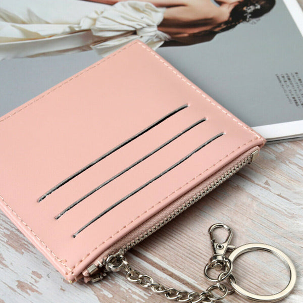 Women's Slim Leather Wallet Small Coin Cash Credit Card Holder With Key Chain