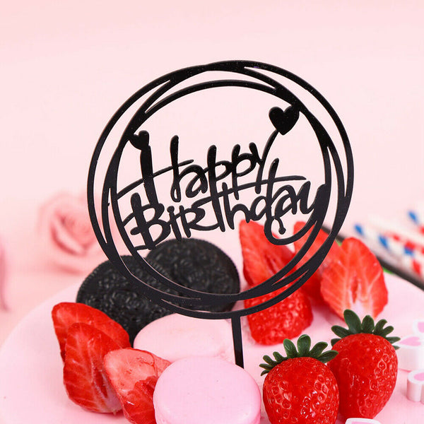 Double Circle Round Heart Happy Birthday Cake Toppers Acrylic Party Event Decor