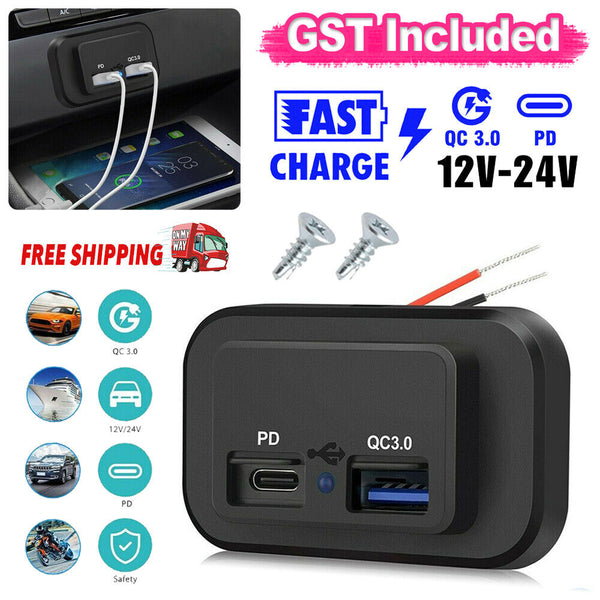 12/24V PD+QC3.0 Dual USB Port Car RV Fast Charger Socket Power Outlet Waterproof